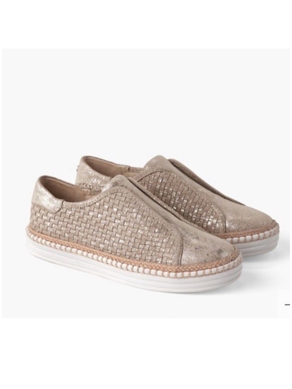 J/SLIDES Kayla Gold Metallic Suede Leather Braided Jute Slip-On Sneaker Shoes